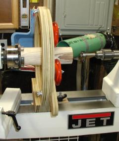 3 wheeled steady rest - getting ready to drill a 1 3/8 hole in base of peppermill
